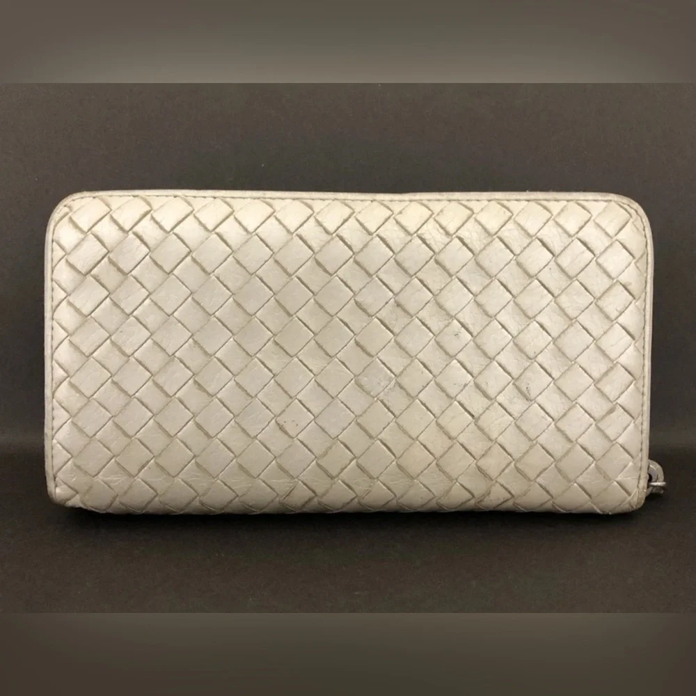 Authentic Bottega Veneta Intrecciato Lambskin Zip Around Long Wallet White